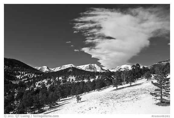 Partly thawed meadow, snowy range, and cloud. Rocky Mountain National Park (black and white)