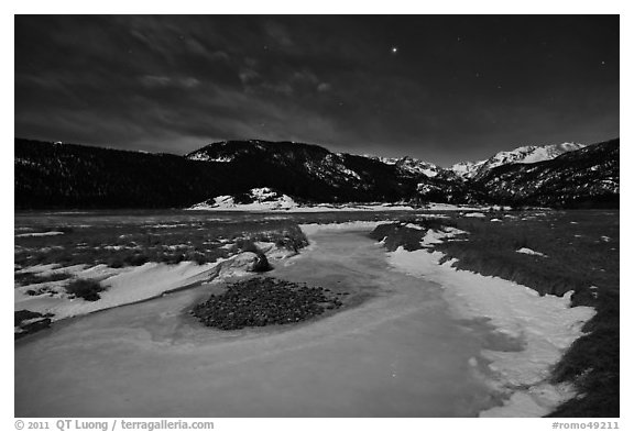 Frozen stream, Moraine Park at night. Rocky Mountain National Park (black and white)