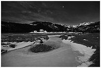Frozen stream, Moraine Park at night. Rocky Mountain National Park, Colorado, USA. (black and white)