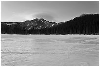 Frozen Bear Lake at sunrise. Rocky Mountain National Park, Colorado, USA. (black and white)