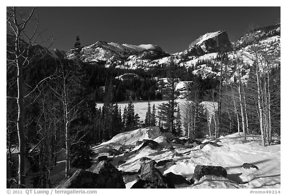 Bear Lake in winter. Rocky Mountain National Park (black and white)