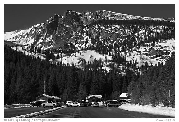 Bear Lake Road trailhead in winter. Rocky Mountain National Park, Colorado, USA.