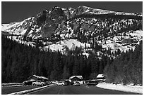 Bear Lake Road trailhead in winter. Rocky Mountain National Park, Colorado, USA. (black and white)