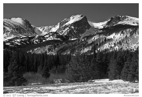 Hallet Peak and Flattop Mountain in late winter. Rocky Mountain National Park (black and white)