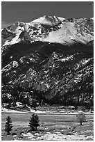 Moraine Park and Stones Peak in winter. Rocky Mountain National Park, Colorado, USA. (black and white)