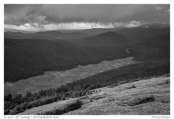 Valley under stormy skies. Rocky Mountain National Park (black and white)