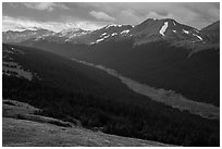 Kawuneeche Valley and Never Summer Mountains. Rocky Mountain National Park, Colorado, USA. (black and white)