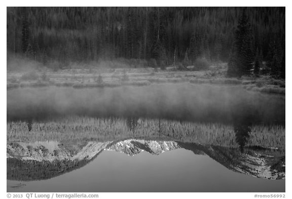 Mist and Never Summer Mountains reflection. Rocky Mountain National Park (black and white)