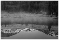 Mist and Never Summer Mountains reflection. Rocky Mountain National Park, Colorado, USA. (black and white)