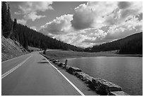 Trail Ridge Road and Poudre Lake. Rocky Mountain National Park, Colorado, USA. (black and white)