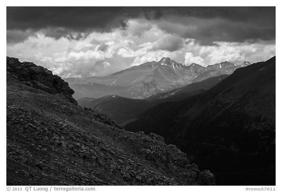 Longs Peak range under dark skies. Rocky Mountain National Park, Colorado, USA.