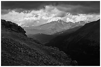 Longs Peak range under dark skies. Rocky Mountain National Park, Colorado, USA. (black and white)