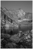 Longs Peak Diamond face and Chasm Lake at dawn. Rocky Mountain National Park, Colorado, USA. (black and white)