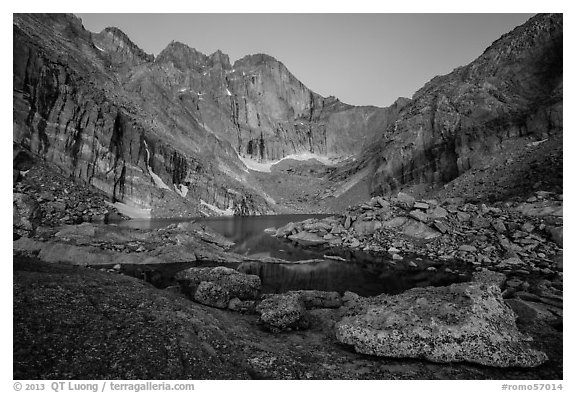 Longs Peak above Chasm Lake at twilight. Rocky Mountain National Park (black and white)
