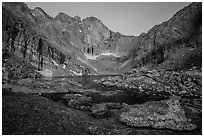 Longs Peak above Chasm Lake at twilight. Rocky Mountain National Park, Colorado, USA. (black and white)