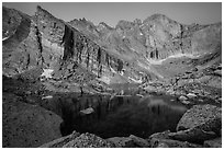 Longs Peak above Chasm Lake at dawn. Rocky Mountain National Park, Colorado, USA. (black and white)