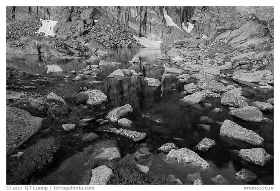 Alpine lake and boulders. Rocky Mountain National Park (black and white)