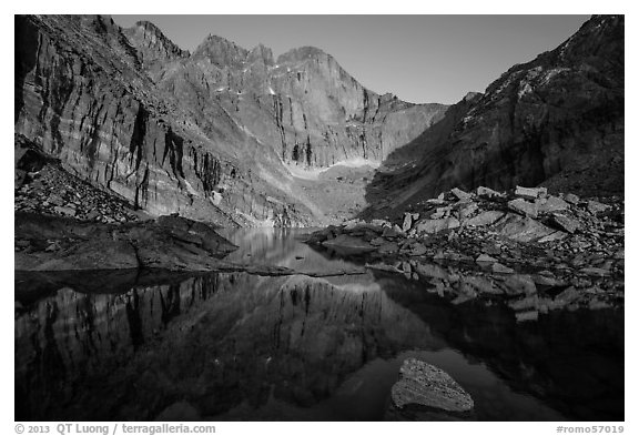 Longs Peak above Chasm Lake at sunrise. Rocky Mountain National Park (black and white)