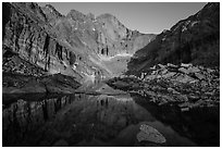 Longs Peak above Chasm Lake at sunrise. Rocky Mountain National Park, Colorado, USA. (black and white)