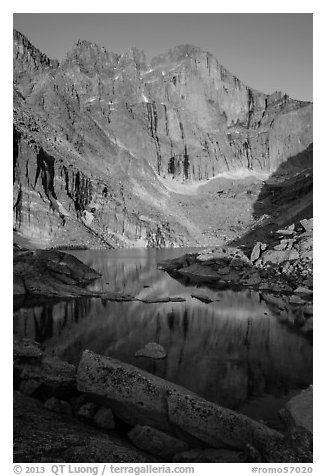 Longs Peak and Chasm Lake at sunrise. Rocky Mountain National Park (black and white)
