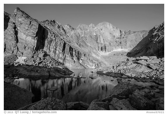 Chasm Lake with Longs Peak, Mt Meeker, and Mount Lady Washington at sunrise. Rocky Mountain National Park, Colorado, USA.