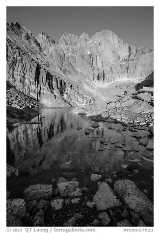 Longs Peak Diamond rises above Longs Peak at sunrise. Rocky Mountain National Park (black and white)