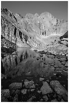 Longs Peak Diamond rises above Longs Peak at sunrise. Rocky Mountain National Park ( black and white)