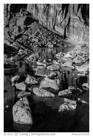 Rock wall, and boulders, Chasm Lake. Rocky Mountain National Park (black and white)