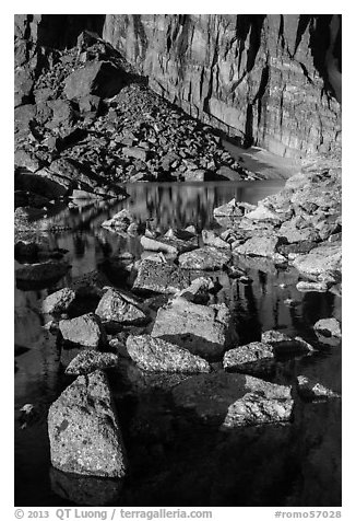 Rock wall, and boulders, Chasm Lake. Rocky Mountain National Park, Colorado, USA.