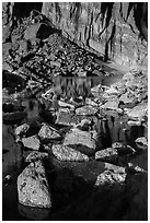 Rock wall, and boulders, Chasm Lake. Rocky Mountain National Park, Colorado, USA. (black and white)