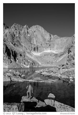 Hiker standing near Chasm Lake, looking at Longs peak. Rocky Mountain National Park (black and white)