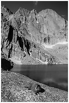 Marmot on shore of Chasm Lake below Longs peak. Rocky Mountain National Park, Colorado, USA. (black and white)