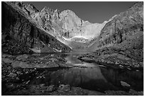 Longs Peak cirque and Chasm Lake, morning. Rocky Mountain National Park, Colorado, USA. (black and white)