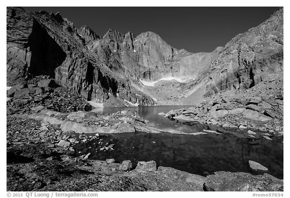 Chasm Lake and Longs Peak, morning. Rocky Mountain National Park (black and white)