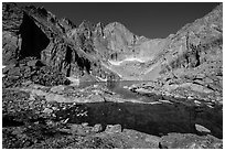 Chasm Lake and Longs Peak, morning. Rocky Mountain National Park, Colorado, USA. (black and white)