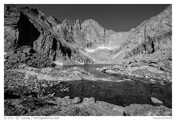 Park visitor Looking, Chasm Lake. Rocky Mountain National Park (black and white)