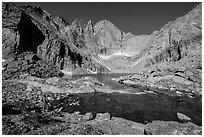 Park visitor Looking, Chasm Lake. Rocky Mountain National Park, Colorado, USA. (black and white)