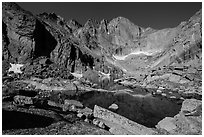 Park visitor Looking, Chasm Lake and Longs Peak. Rocky Mountain National Park, Colorado, USA. (black and white)