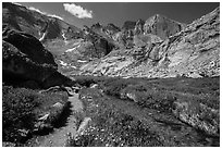 Chasm Lake trail. Rocky Mountain National Park, Colorado, USA. (black and white)