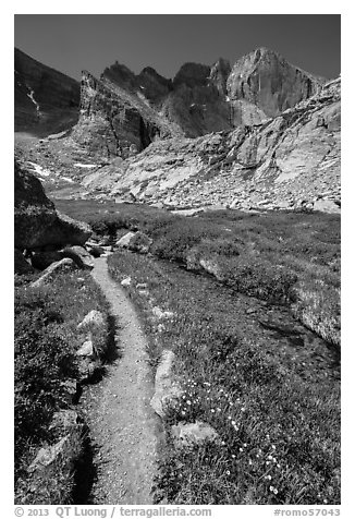 Trail, stream, and Longs Peak. Rocky Mountain National Park (black and white)