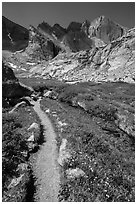 Trail, stream, and Longs Peak. Rocky Mountain National Park, Colorado, USA. (black and white)