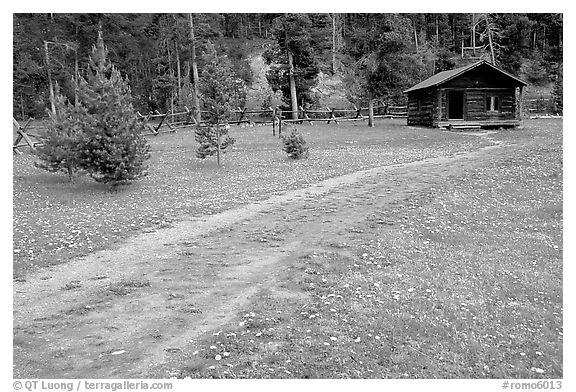 Path and historic cabin at Never Summer Ranch. Rocky Mountain National Park (black and white)