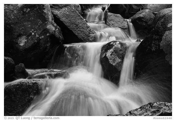 Close-up of water and boulders, Calypso Cascades. Rocky Mountain National Park (black and white)