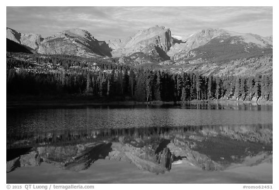 Otis Peak, Hallet Peak, and Flattop Mountain reflected in Sprague Lake. Rocky Mountain National Park (black and white)