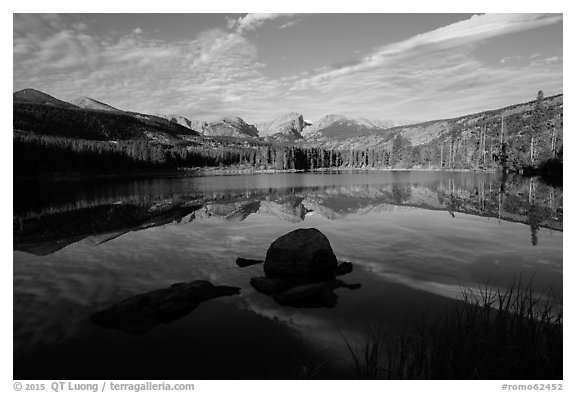 Sprague Lake and Continental Divide. Rocky Mountain National Park (black and white)