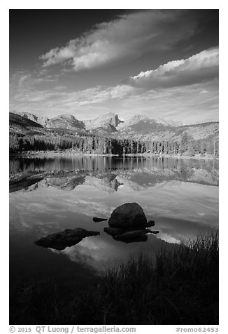 Continental Divide mountains reflected in Sprague Lake. Rocky Mountain National Park (black and white)