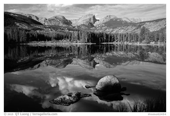 Continental Divide and Sprague Lake in autumn. Rocky Mountain National Park (black and white)