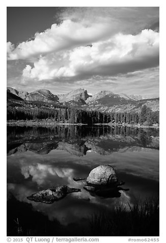 Clouds, boulders, Continental Divide, and Sprague Lake. Rocky Mountain National Park (black and white)