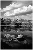 Clouds, boulders, Continental Divide, and Sprague Lake. Rocky Mountain National Park ( black and white)