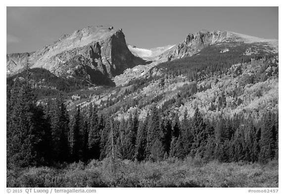 Hallet Peak, Tyndall Glacier, Flattop Mountain in autumn. Rocky Mountain National Park (black and white)